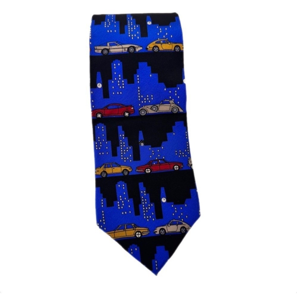 VTG Vicky Davis Necktie Men Blue Rush Hour Car City Skyline Silk VD2167 USA Made